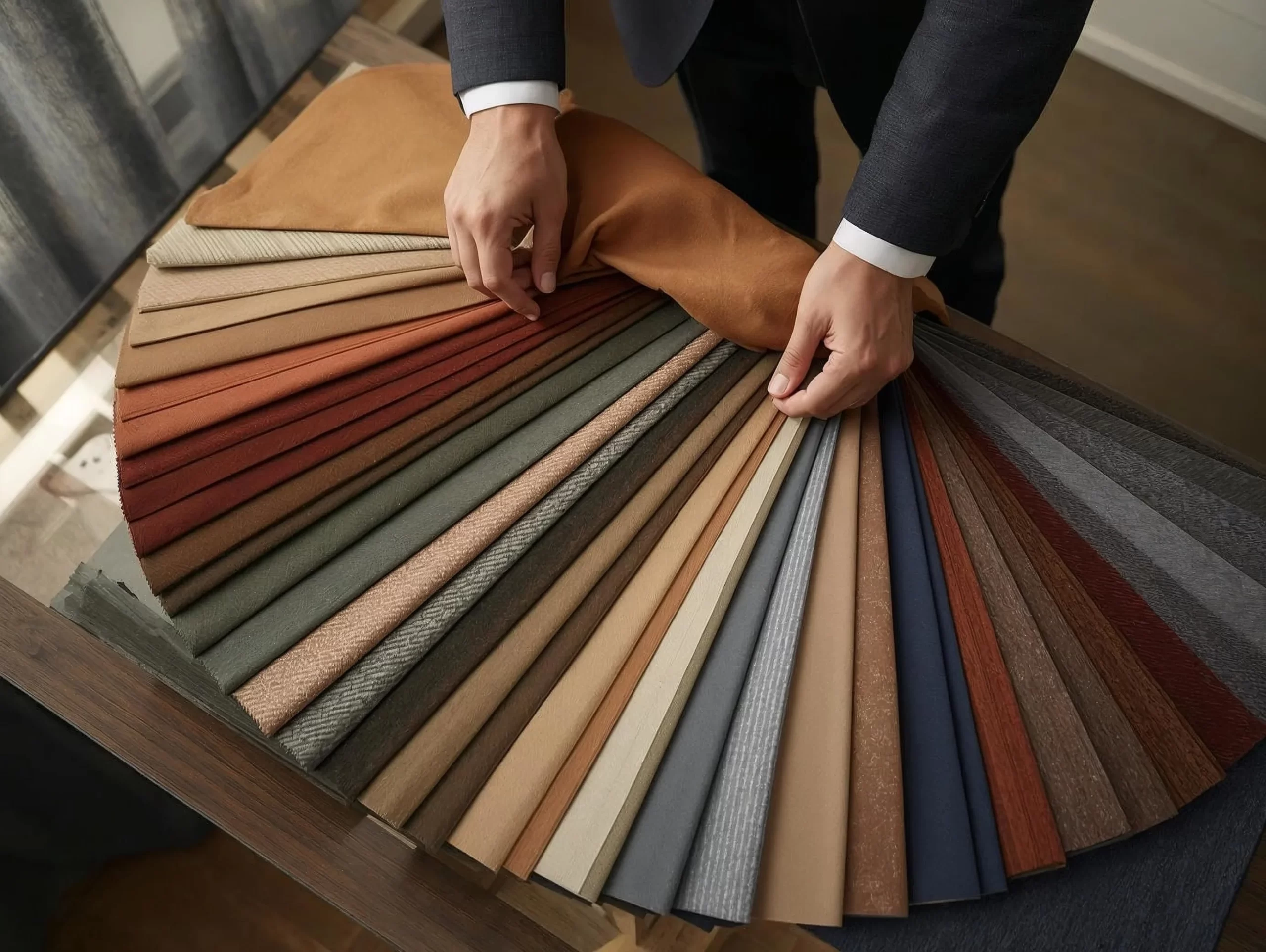 Premium fabric samples showcasing leading fabric brands in India for custom tailoring and suits