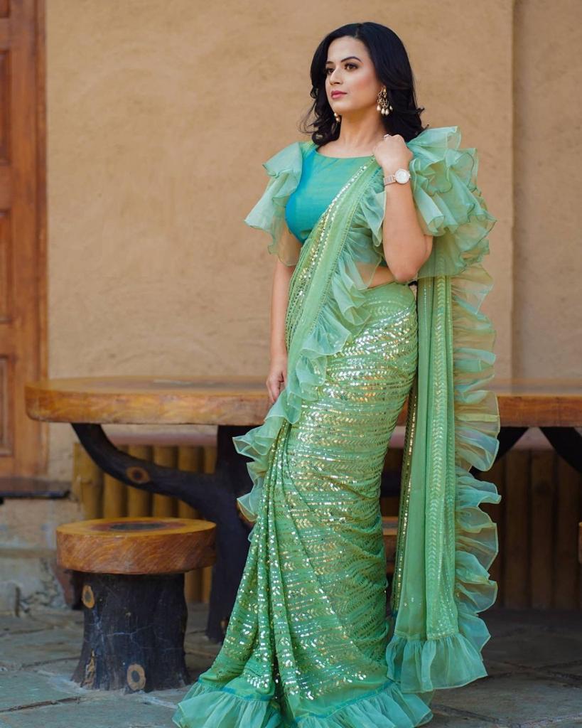 Buy Women's frill ruffle ready to wear saree for wedding mehandi party  diwali haldi reception navratra gift.(OKELS4358) at Amazon.in
