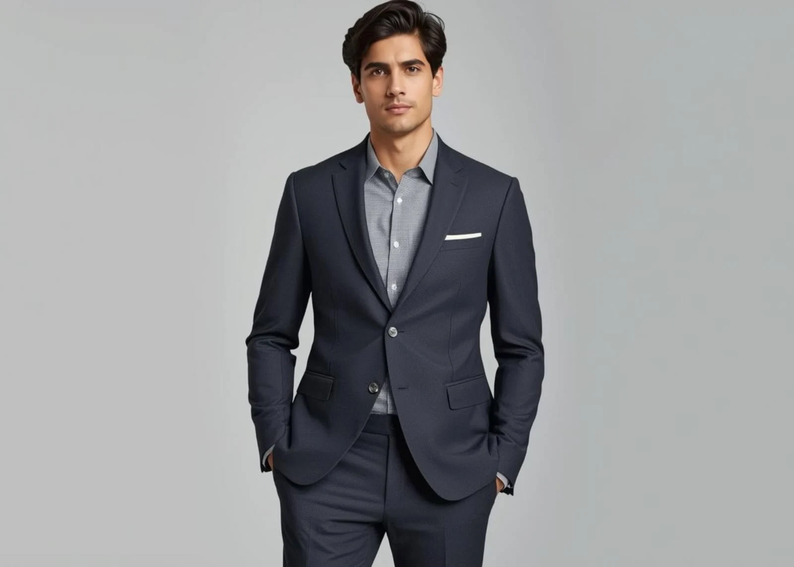 Fabric required for men’s 2pc suit suit showing a well-tailored formal suit with precise fabric usage and structure