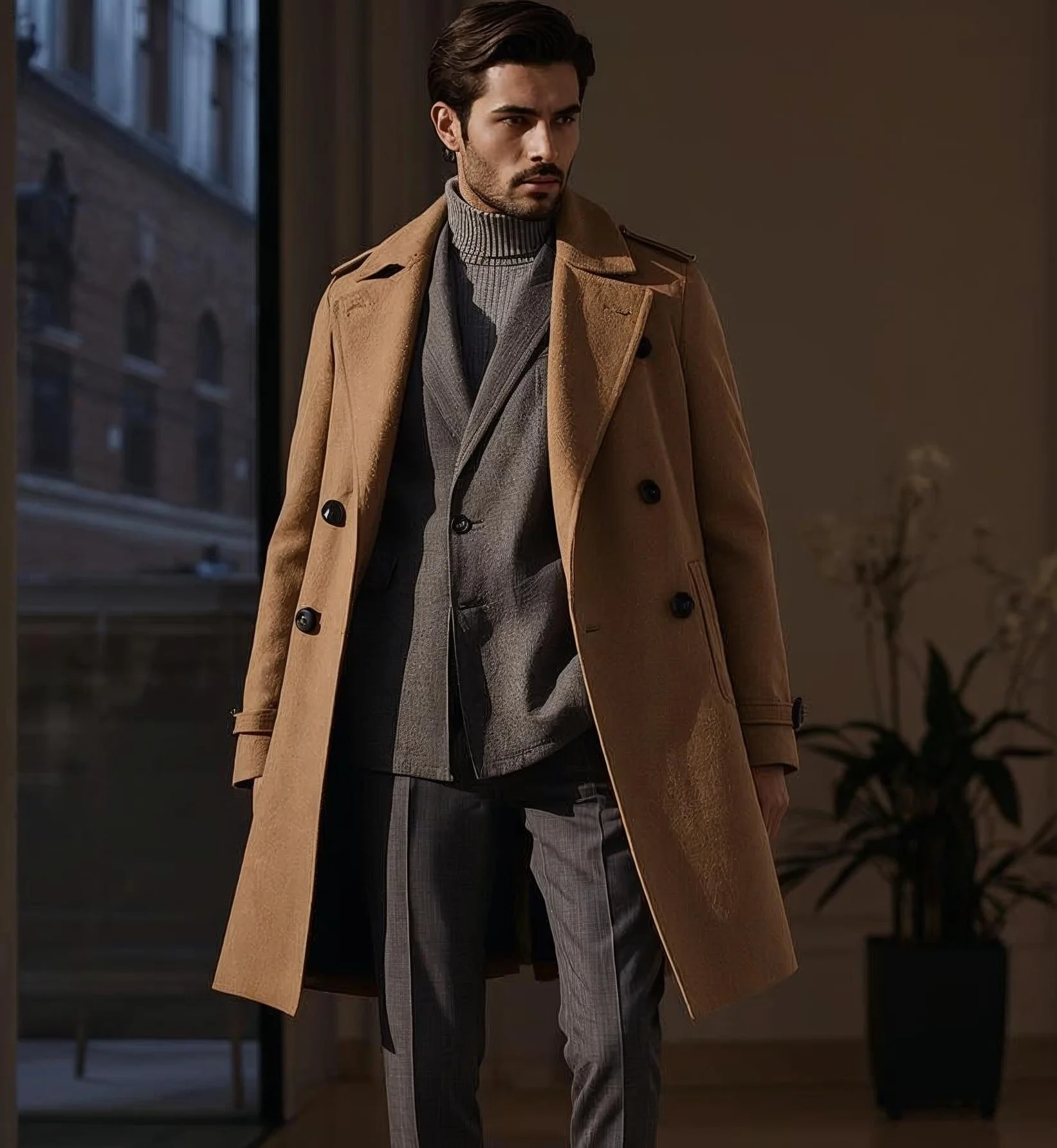 Blazer and coat styling for men featuring a camel winter overcoat layered over tailored separates