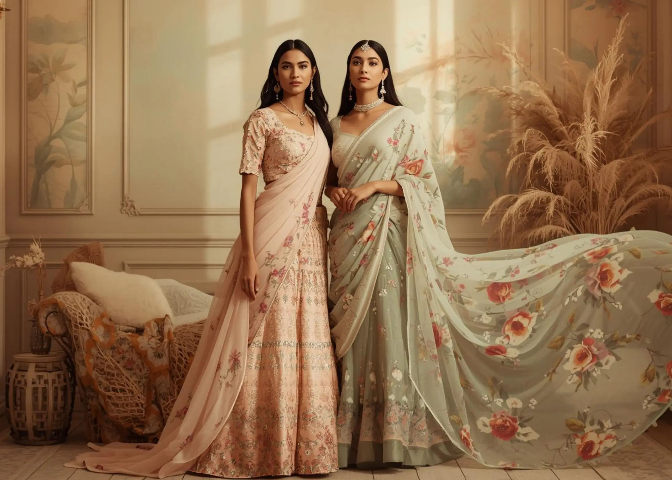 Floral sarees in pastel shades for Indian summer weddings, highlighting lightweight fabrics, elegant draping, and romantic wedding guest styling.