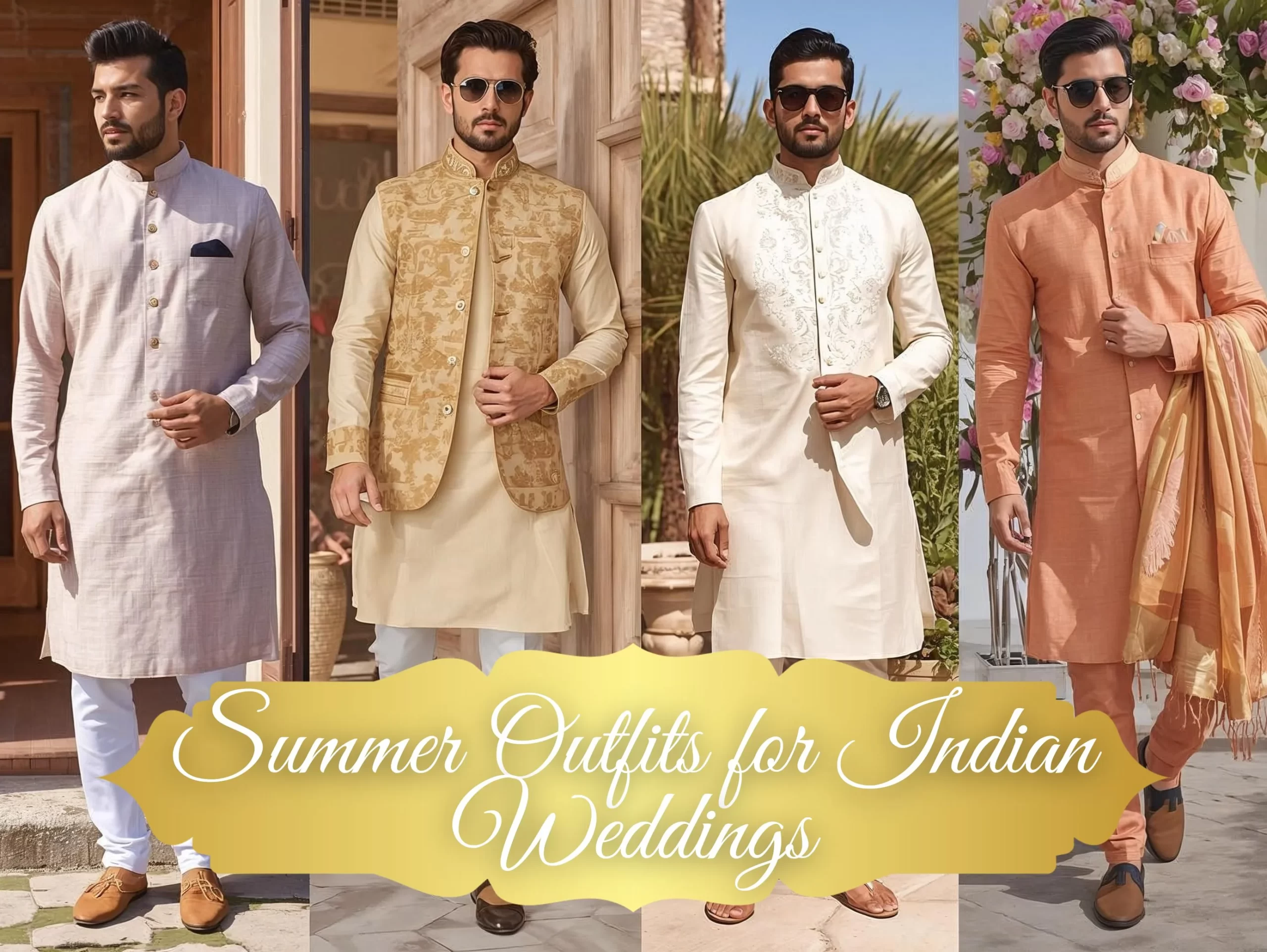 Summer outfits for Indian weddings featuring lightweight kurtas, pastel tones and breathable fabrics for men