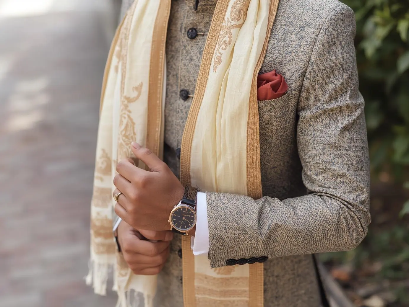 Summer wedding accessories for men featuring lightweight stole, pocket square and minimal styling
