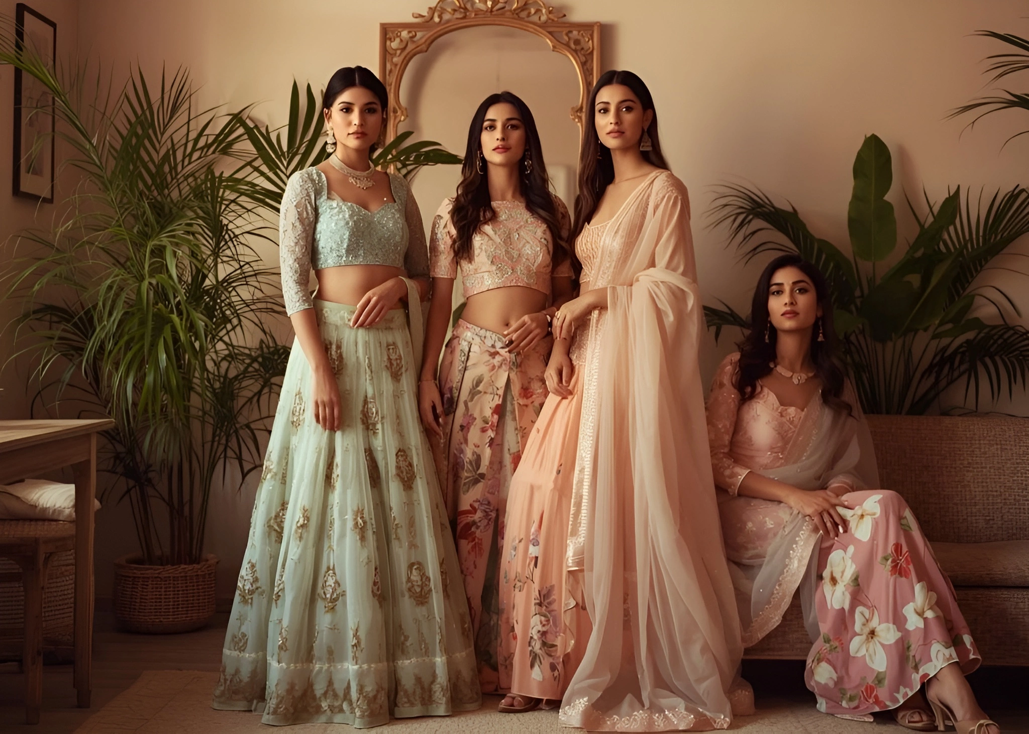 Indian women wearing pastel lehengas and floral summer wedding outfits, featuring lightweight fabrics, soft colours, and elegant bridal and wedding guest styling