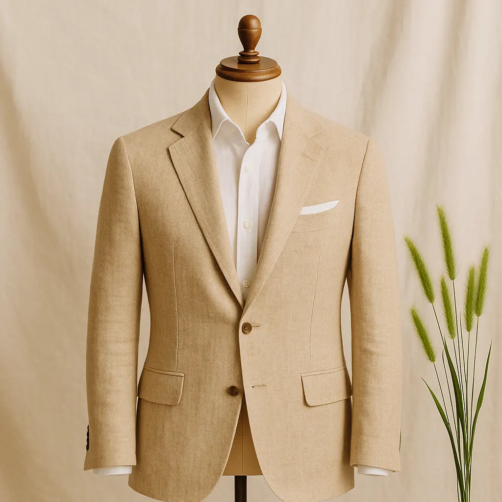 Lightweight beige linen suit fabric for men, ideal for Delhi summer weddings and breathable custom suit tailoring in hot weather