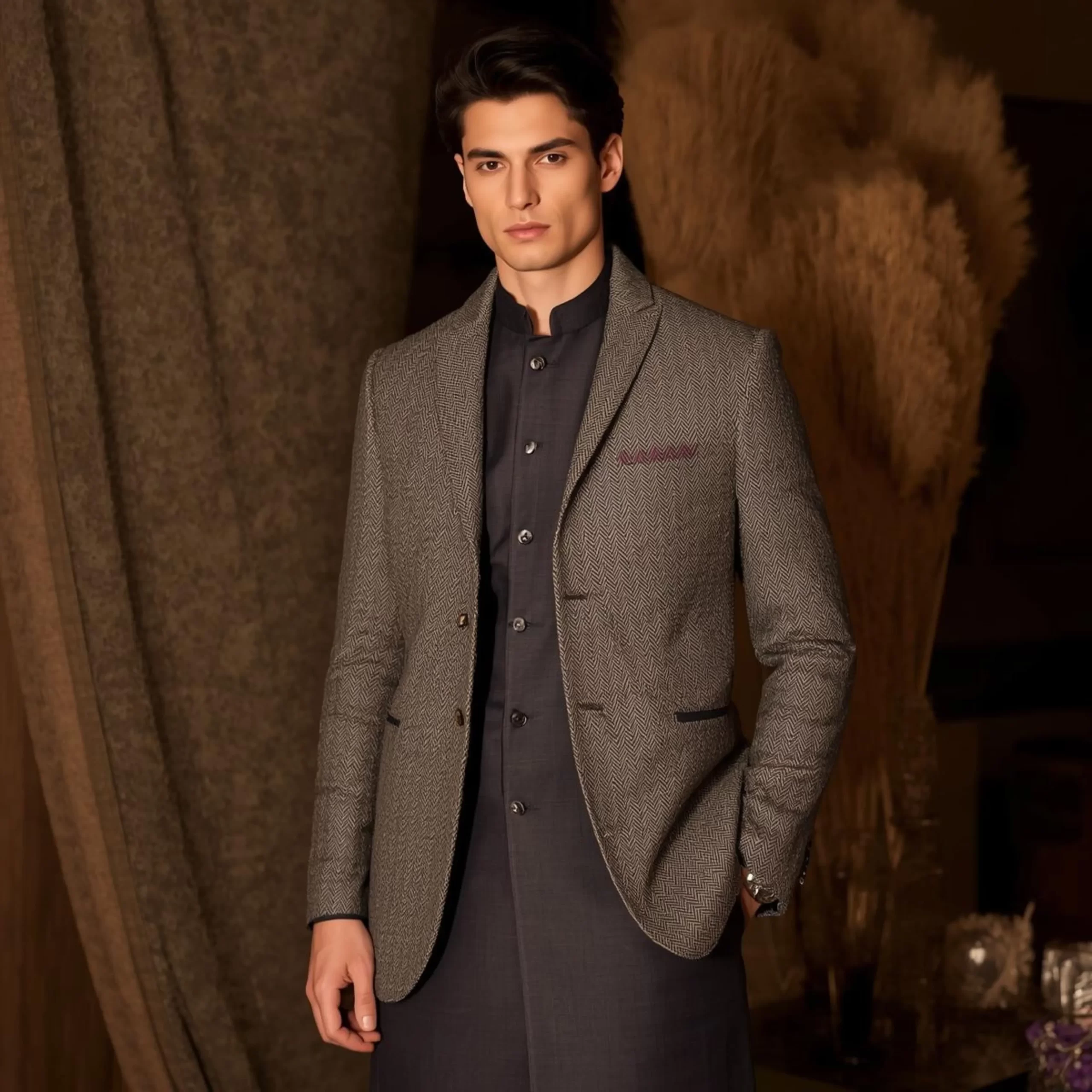 Winter wedding outfit ideas for Indian men featuring a tailored blazer layered over ethnic wear