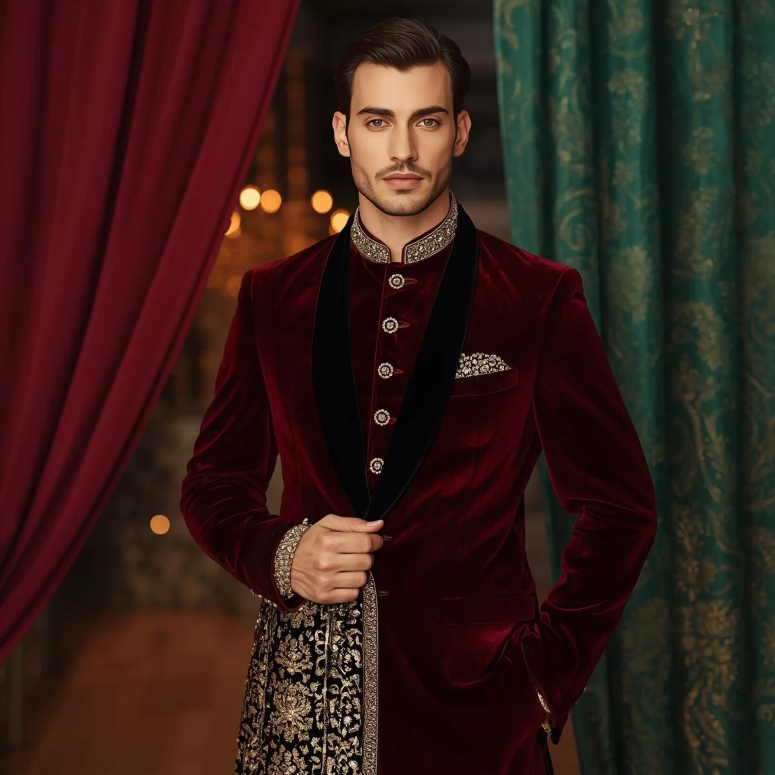 Winter wedding outfit ideas for Indian men featuring a velvet sherwani with rich embroidery