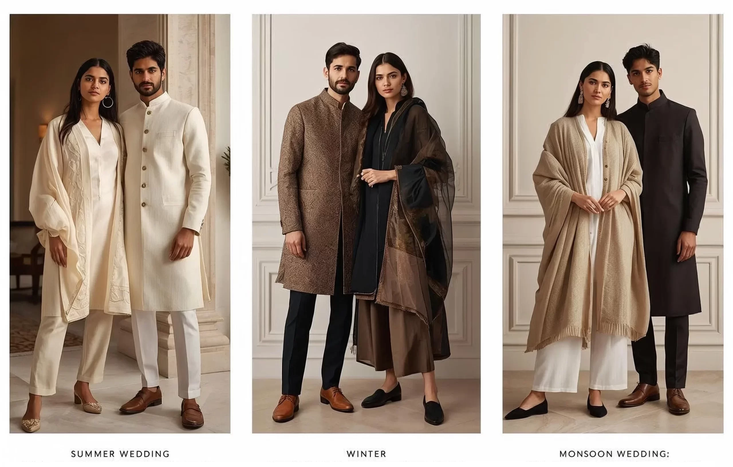 Indian wedding guest outfits styled for summer, winter, and monsoon weddings for men and women