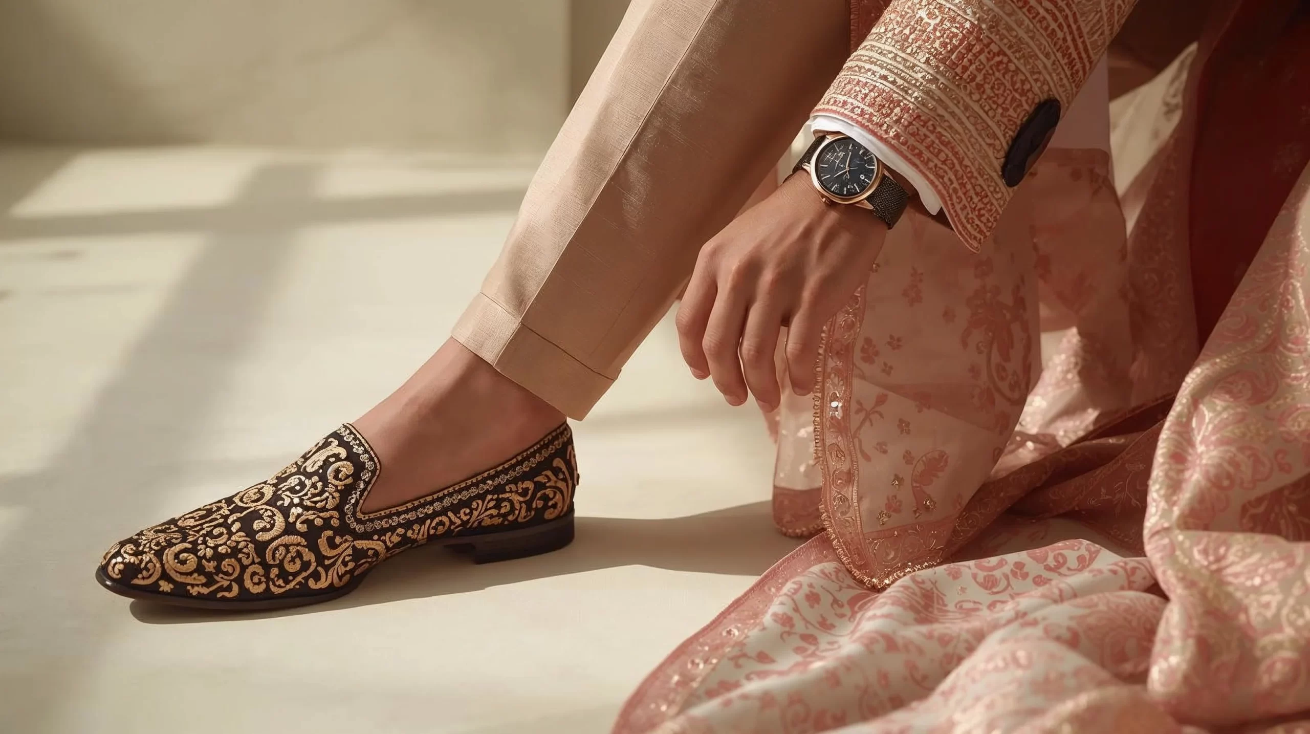 Men’s wedding footwear and accessories for day weddings featuring mojris and minimal accessories