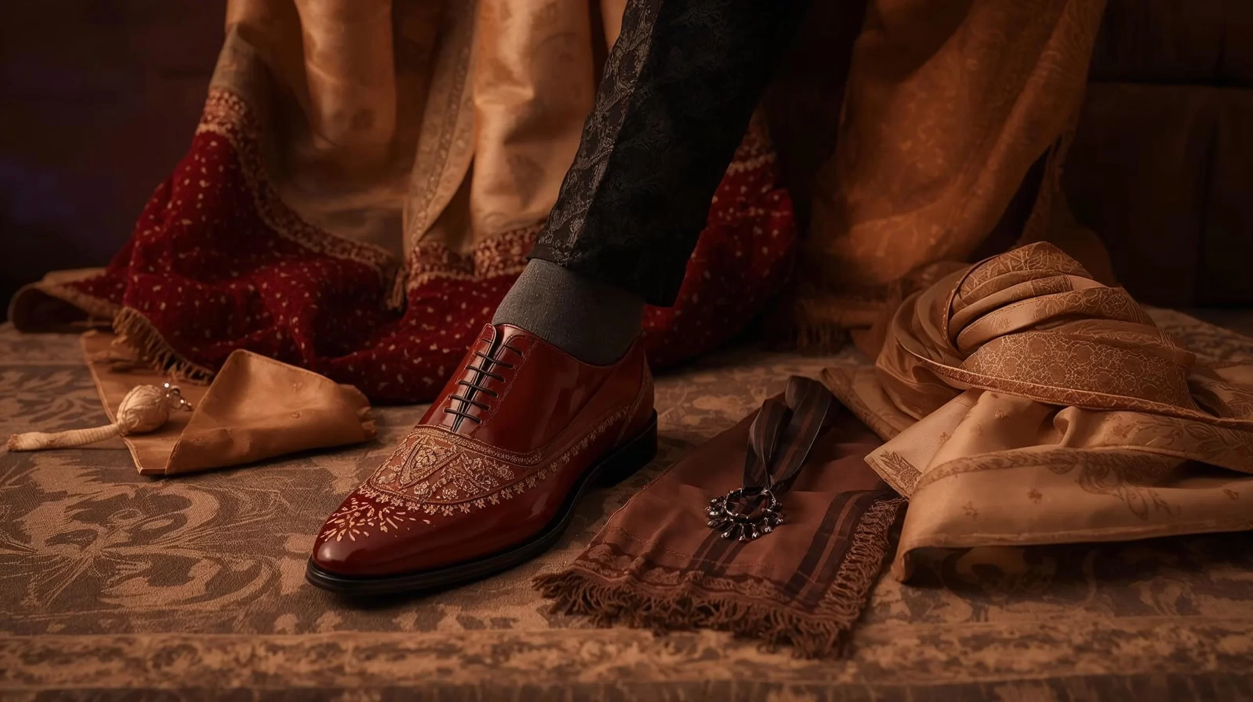 Polished leather shoes and embroidered mojris styled with accessories for Indian night wedding outfits