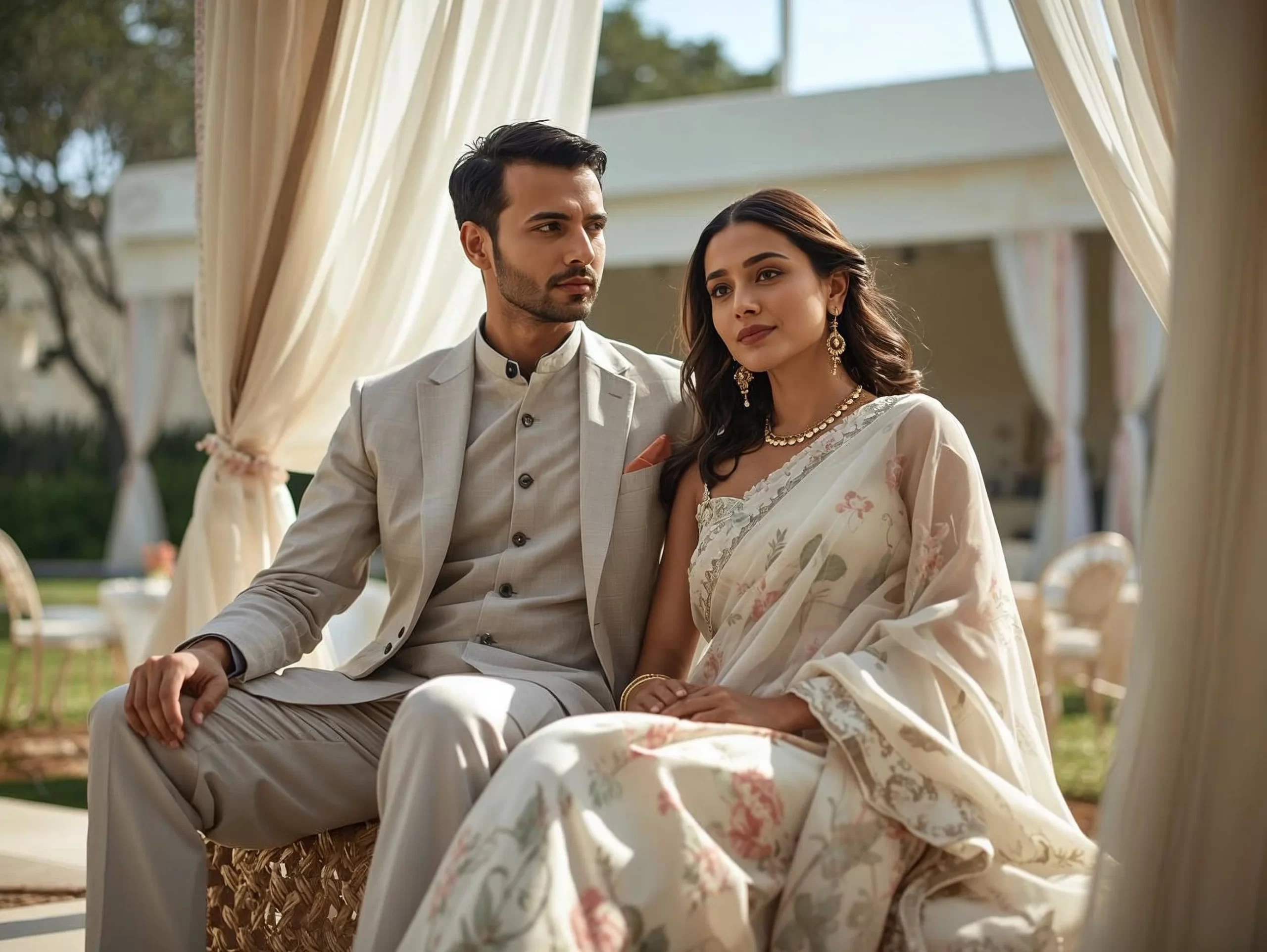 Indian couple wearing elegant day wedding guest outfits with a pastel suit and floral saree at an outdoor wedding