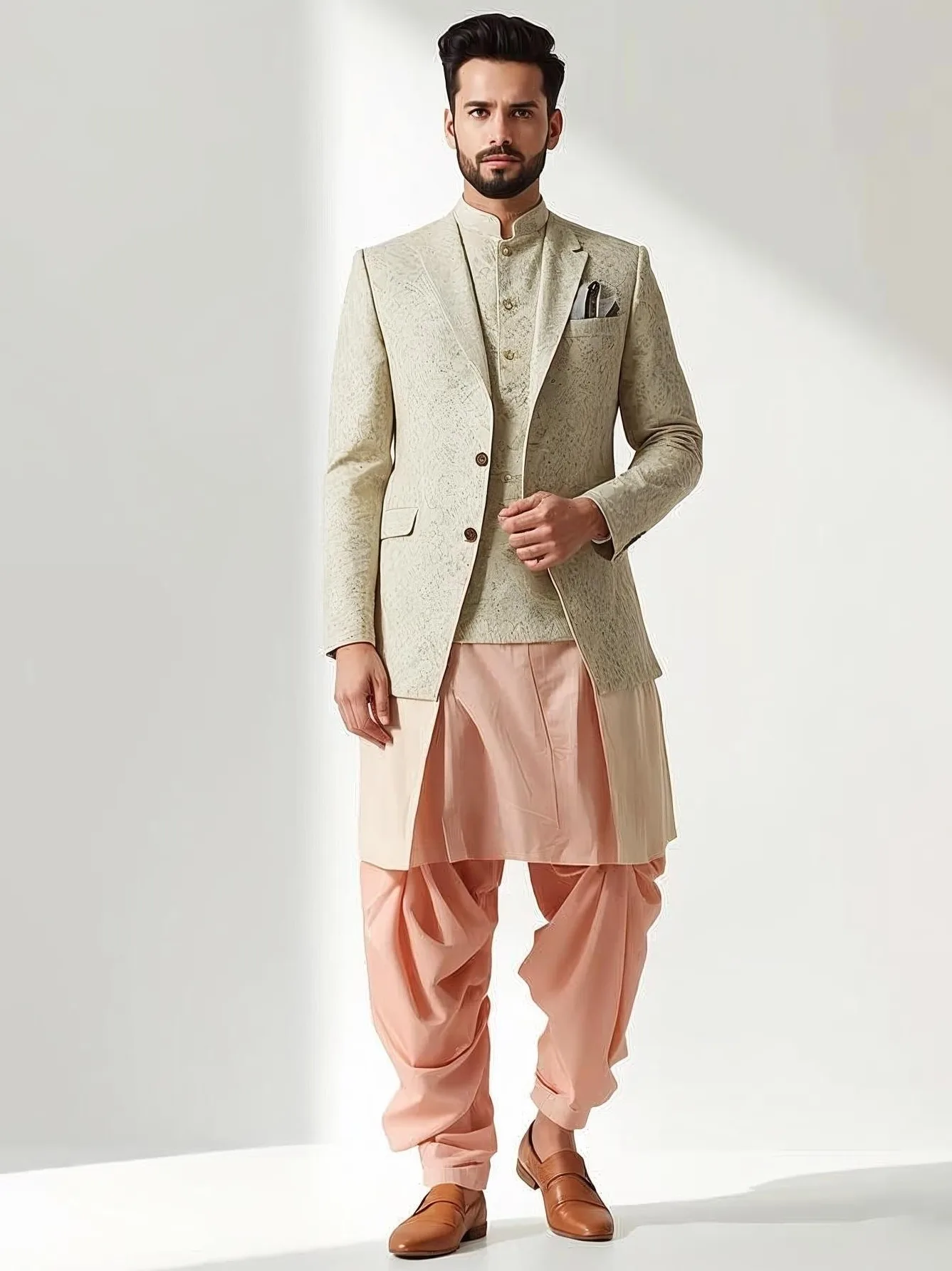 Indo western outfit for day functions featuring asymmetric kurta and bandhgala style jacket for haldi and mehendi