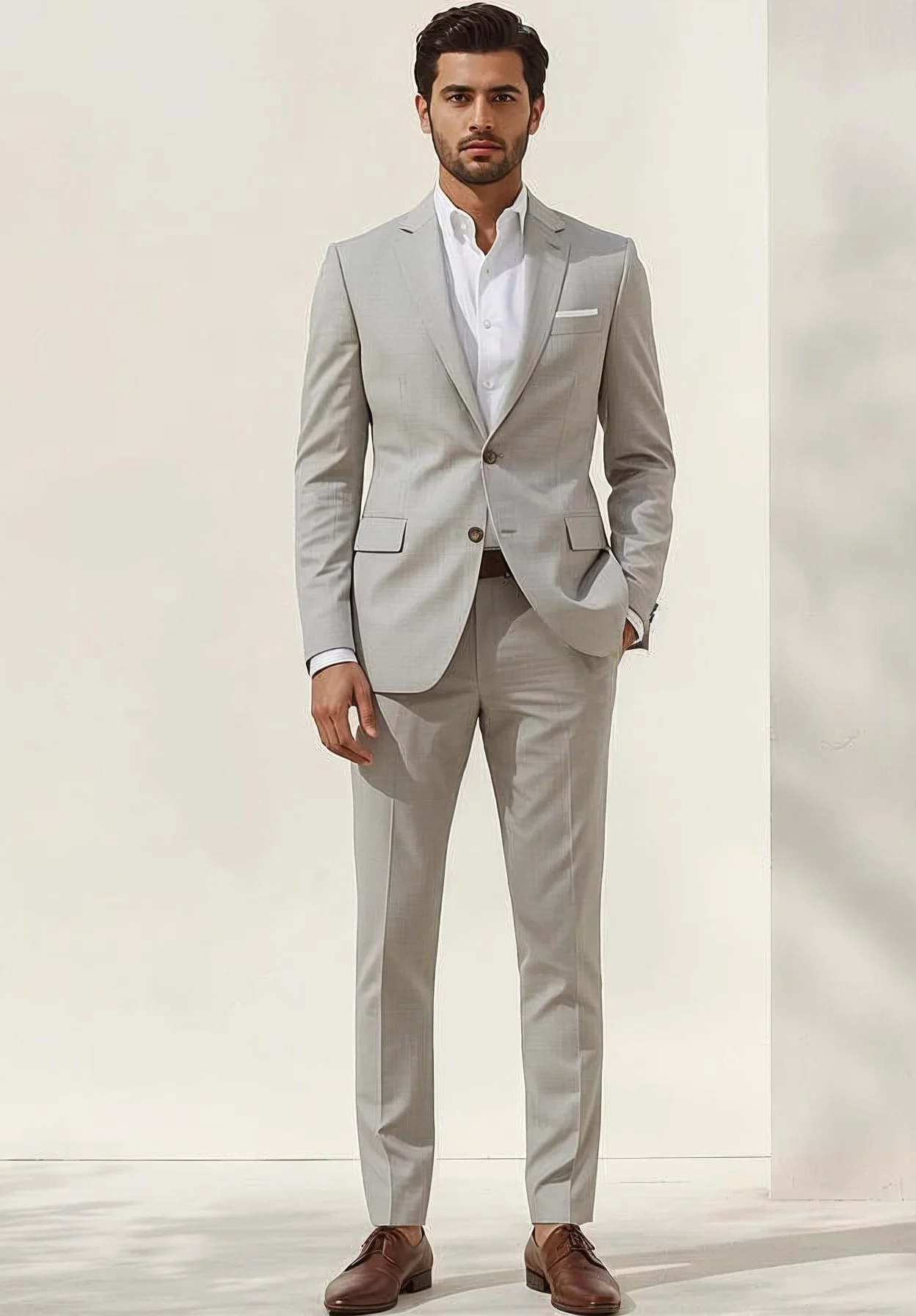Light coloured tailored suit for formal daytime wedding ceremony in breathable fabric