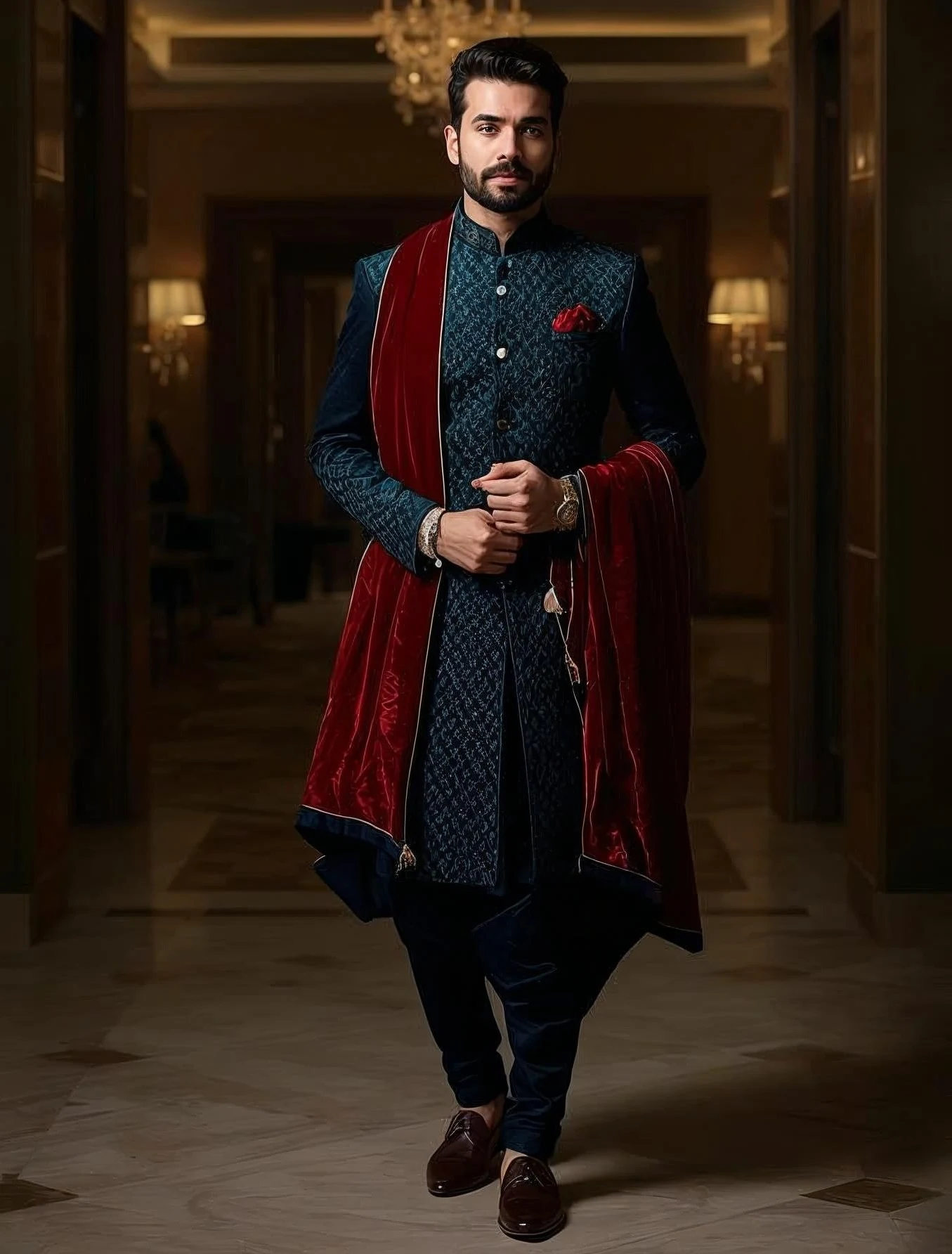 Sherwani for Indian men in deep colours, crafted in velvet and silk blends, ideal for night wedding ceremonies and receptions
