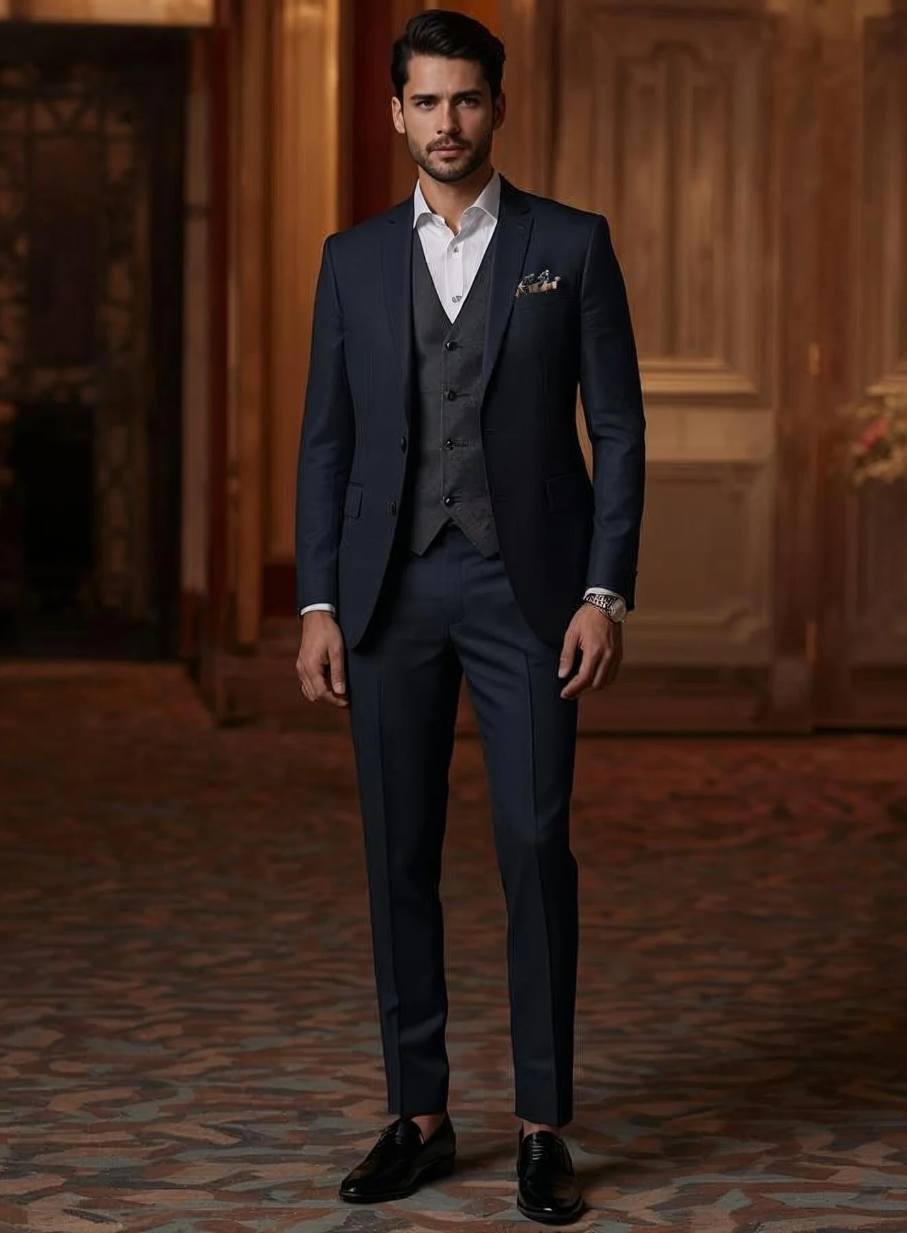 Dark coloured tailored suit for Indian men, perfect for night wedding receptions and cocktail events