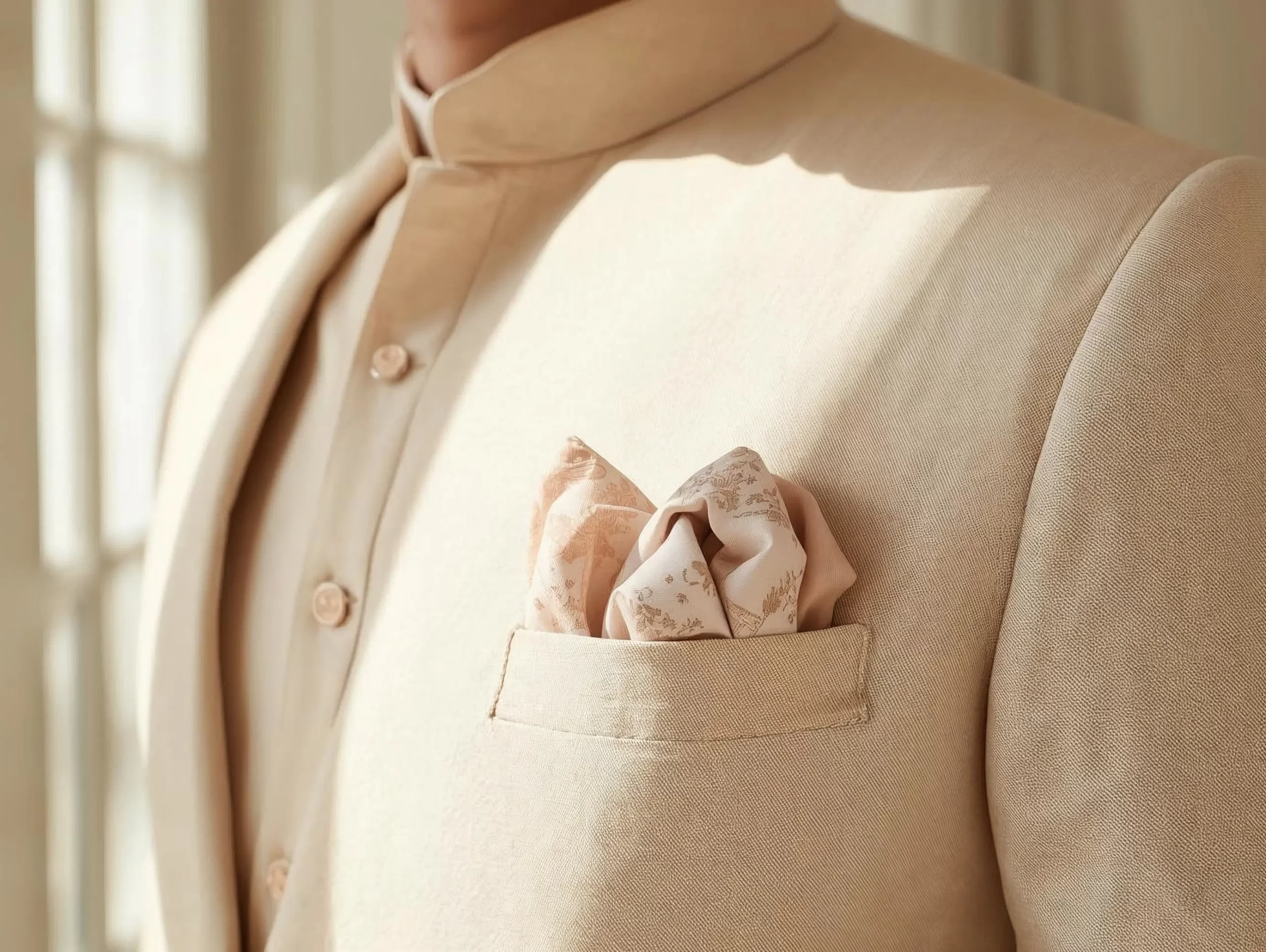 Pocket square in pastel print as summer wedding accessories for men to add refinement to ethnic outfits