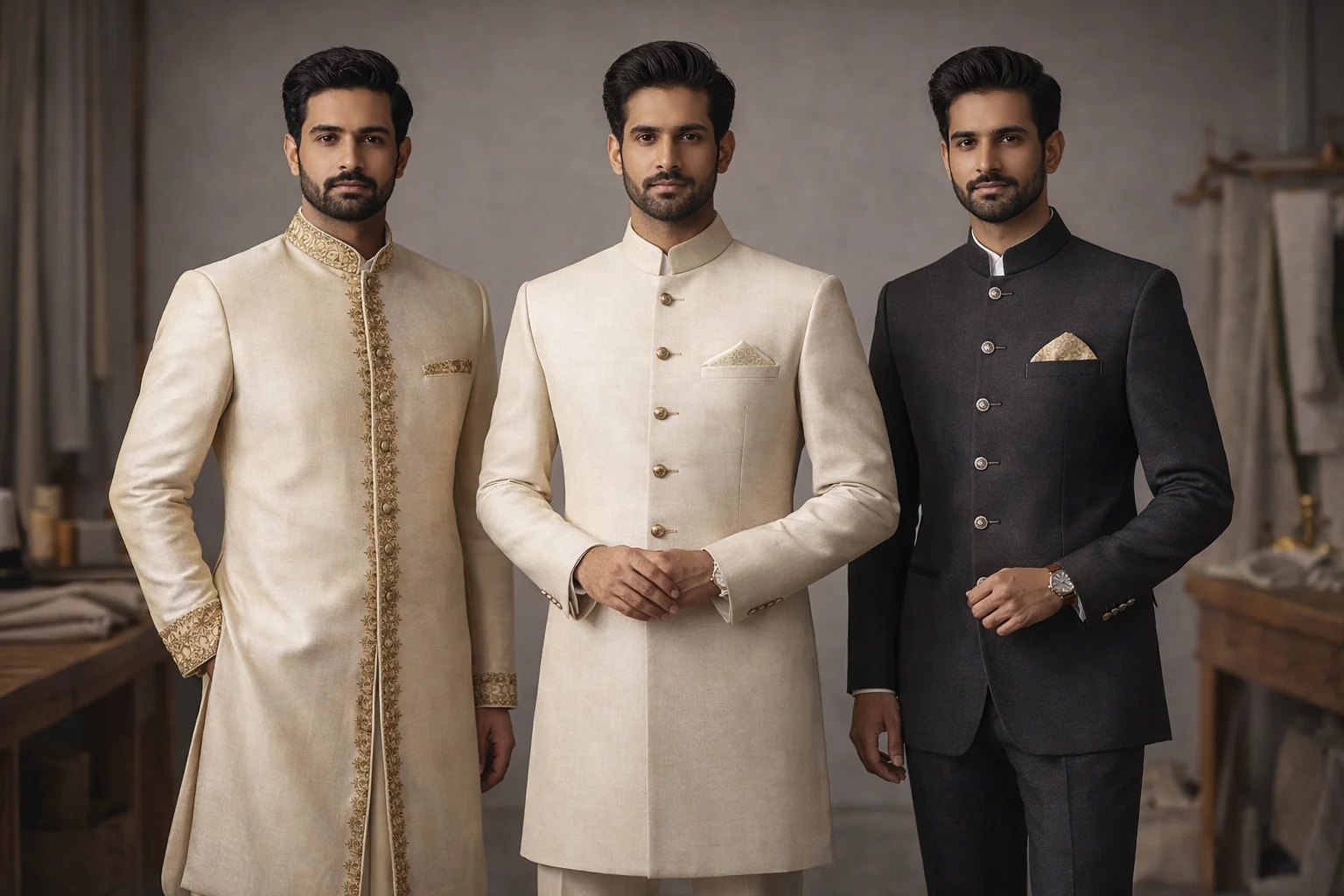 Sherwani vs achkan vs bandhgala comparison showing three men in classic Indian ethnic wear styles.