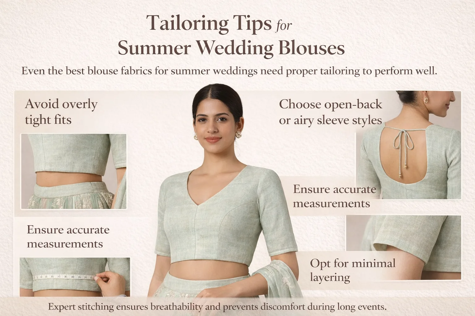 Tailoring tips for blouse fabrics for summer conditions showing breathable fit, open back design, and proper measurements