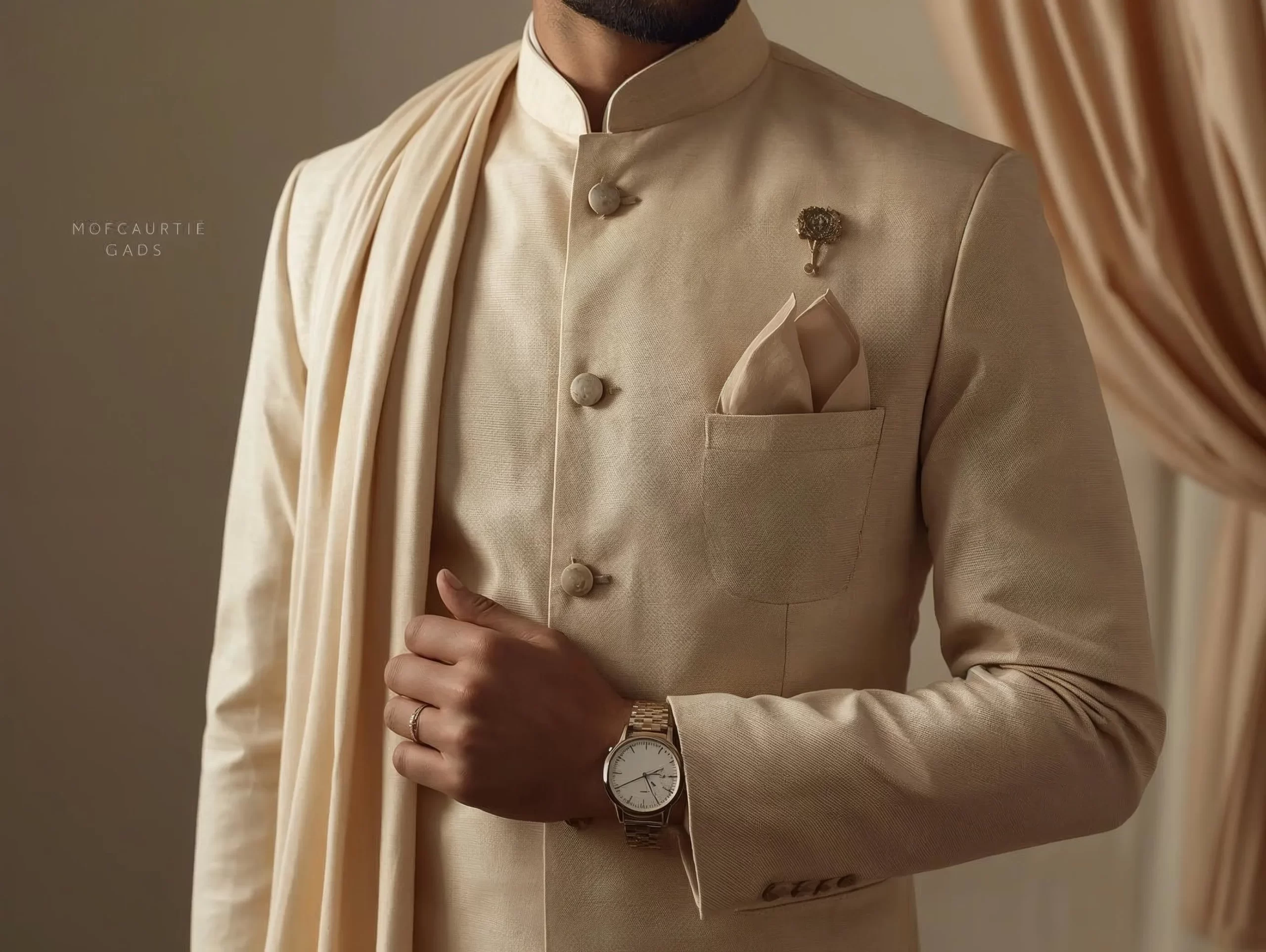 Mens ethnic wedding accessories featuring a minimal watch, pocket square, and brooch styled with a classic Indian sherwani.
