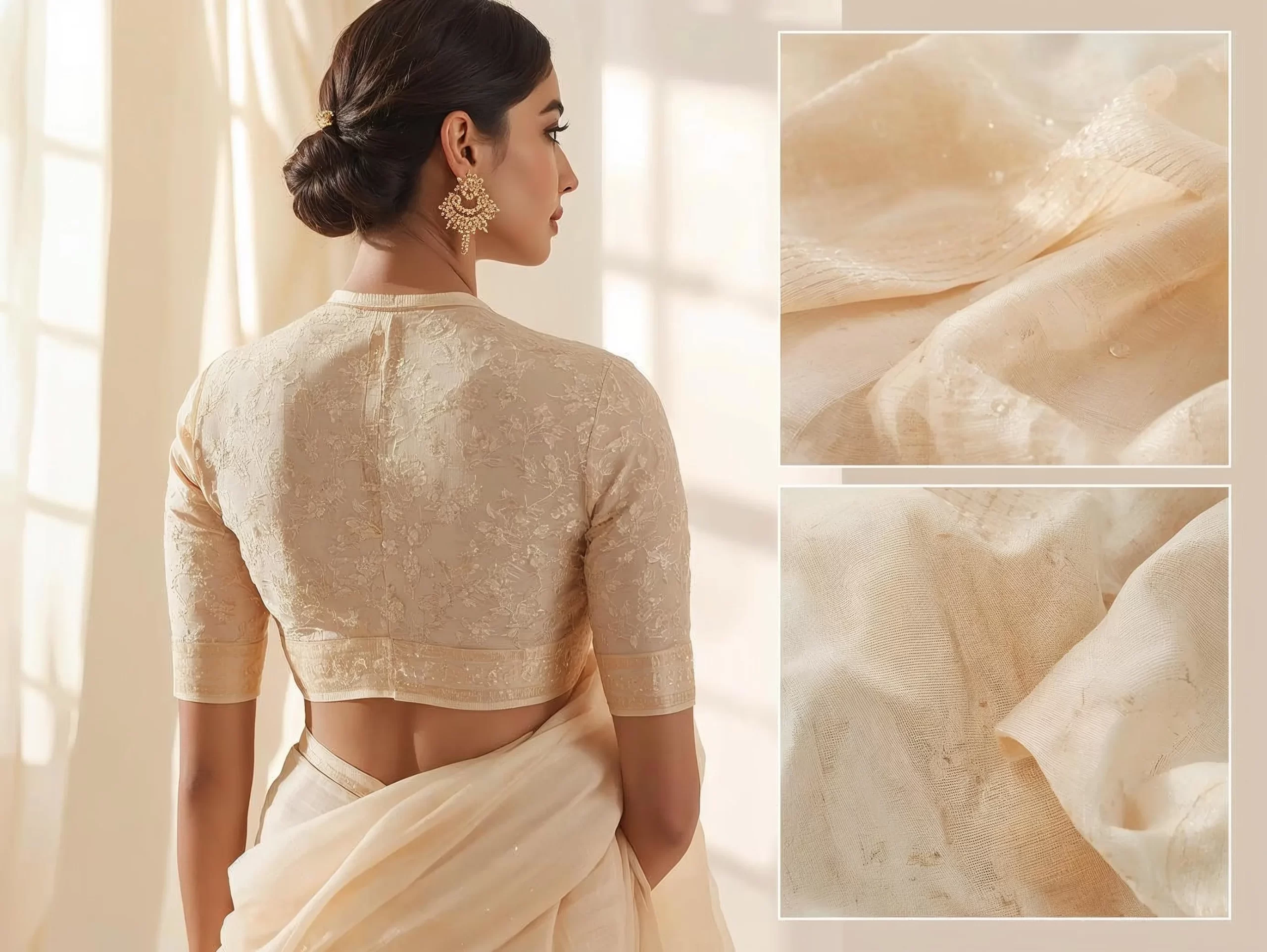 Chanderi silk blouse paired with ivory saree showing lightweight breathable fabric texture and elegant boutique tailoring