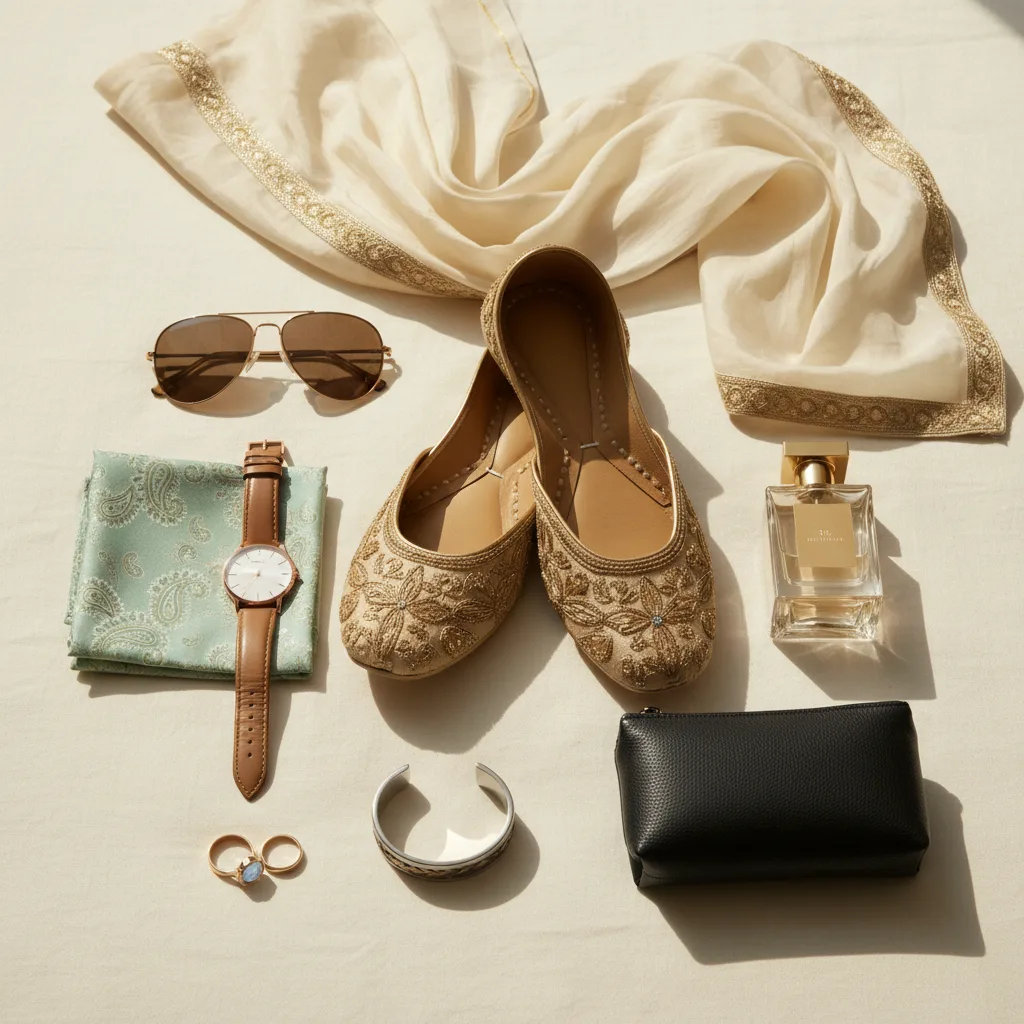 Flatlay of summer wedding accessories for men in India including mojris, sunglasses, watch, pocket square, perfume and minimal jewellery