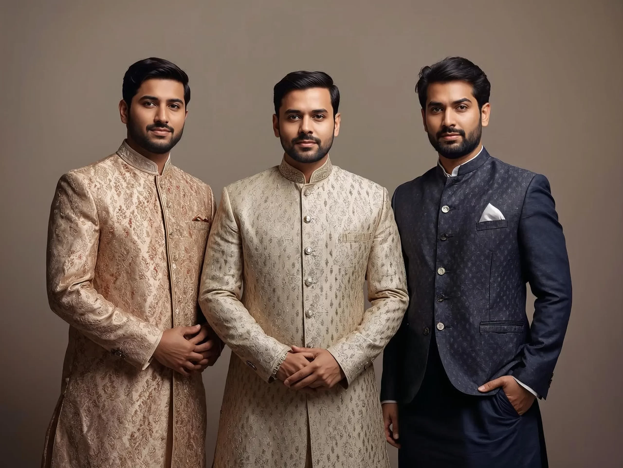 Sherwani vs Achkan vs Bandhgala comparison showing three men wearing traditional Indian men’s ethnic wear.
