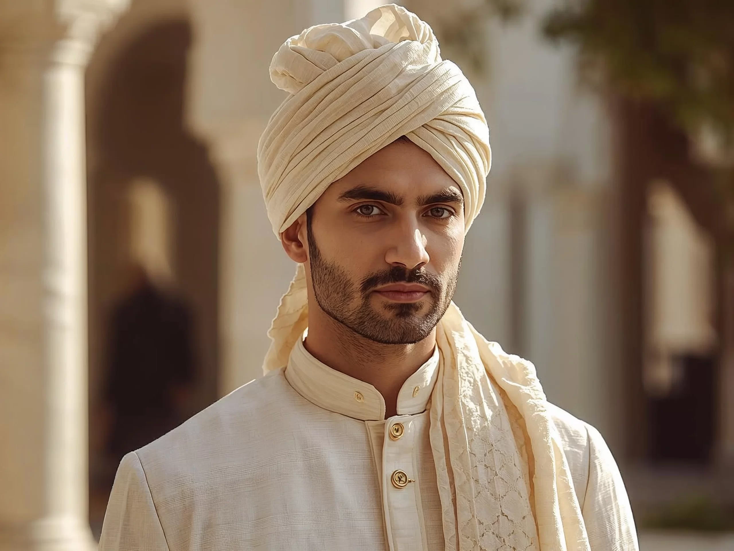 Indian man wearing a cream safa turban as a men’s summer wedding accessory for daytime Indian wedding functions