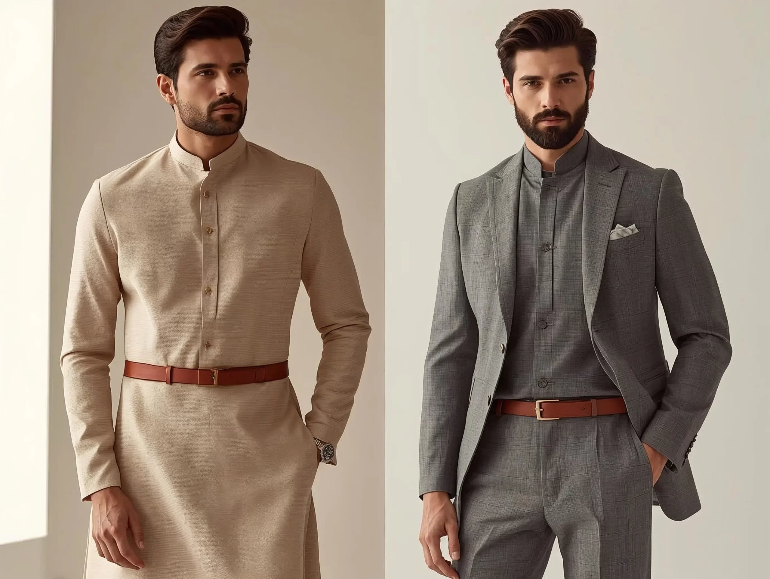 Slim leather belt styled with an Indo-western outfit as summer wedding accessories for men for a structured formal look