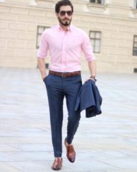 light pink shirt and navy blue trousers