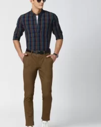 navy blue chex shirt and brown pant
