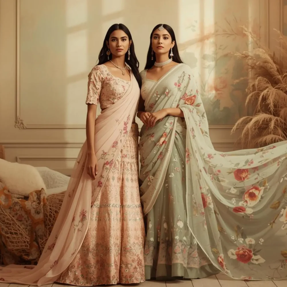 Floral sarees in pastel shades for Indian summer weddings, highlighting lightweight fabrics, elegant draping, and romantic wedding guest styling.
