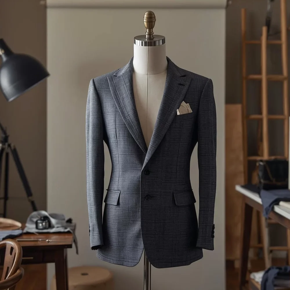 Dark grey bespoke men’s blazer displayed on mannequin inside a luxury tailoring studio, showcasing custom tailoring craftsmanship and structured fit