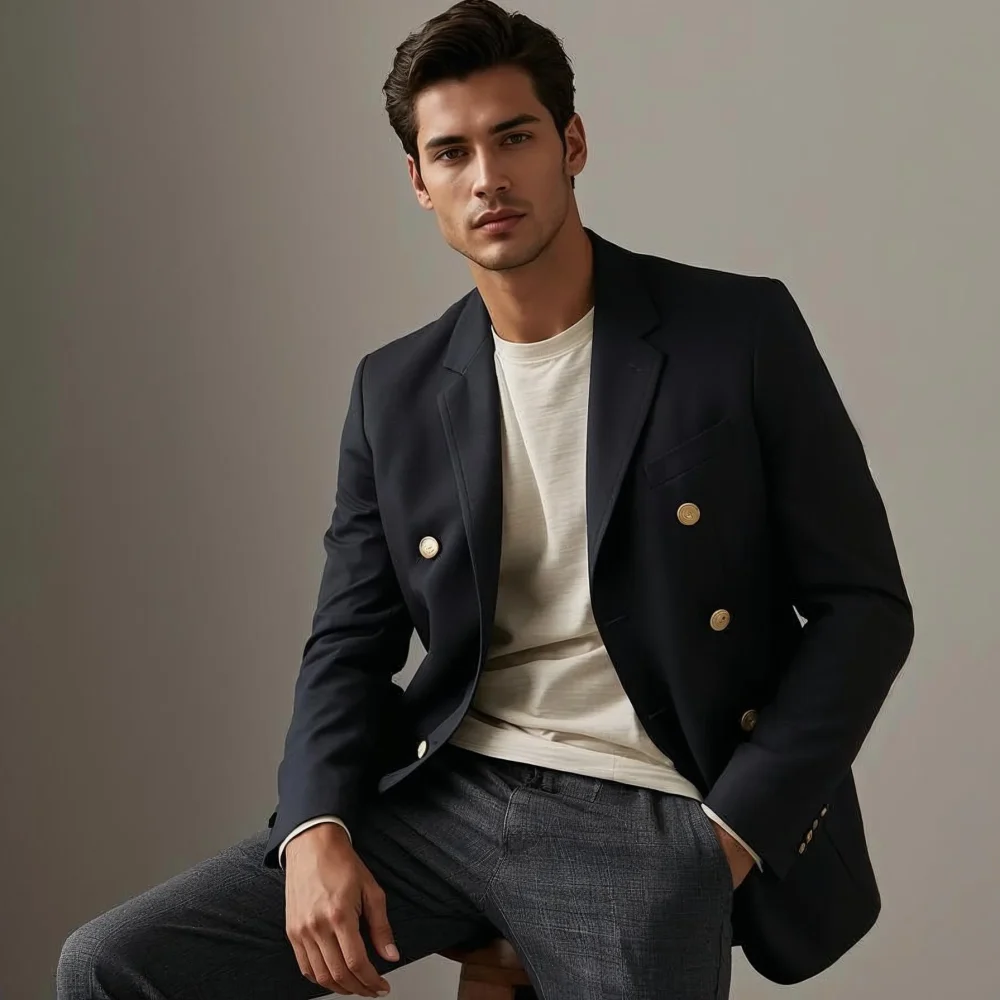 Blazer and coat comparison showing a men’s blazer styled casually with trousers and a t-shirt