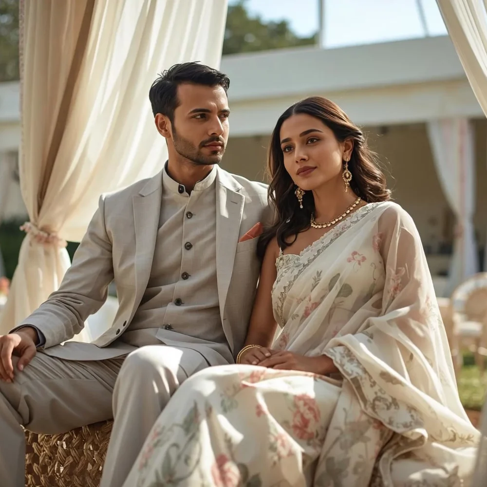 Indian couple wearing elegant day wedding guest outfits with a pastel suit and floral saree at an outdoor wedding