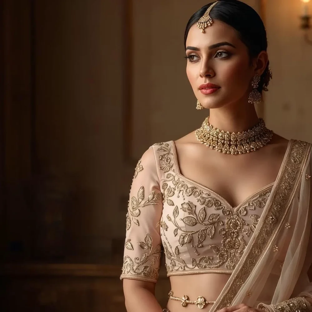 Best tailors for women in Delhi creating celebrity-style bridal lehenga with expert craftsmanship and perfect fit