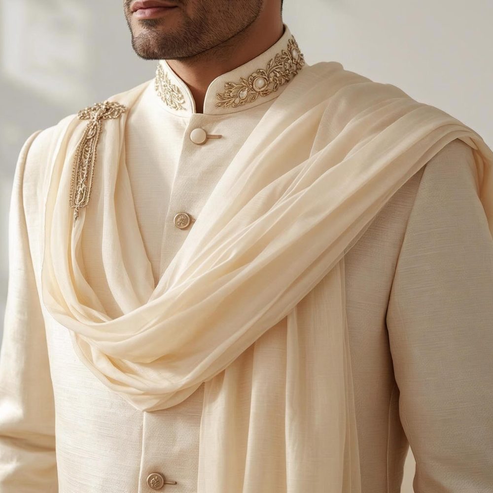 Cream sherwani with dupatta stole and brooch as summer wedding accessories for men in India