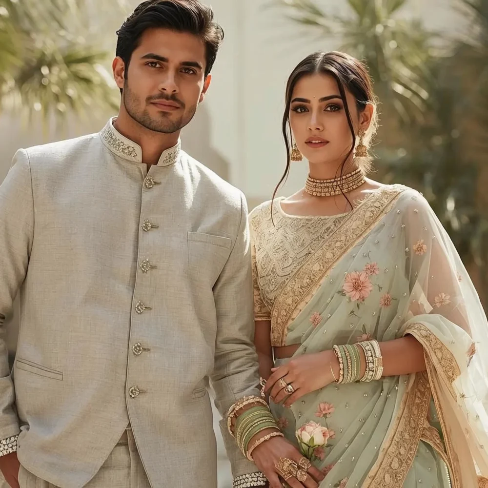 Elegant Indian couple wearing coordinated day wedding guest outfits in pastel tones with refined ethnic styling