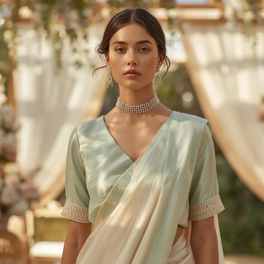 Indian woman wearing designer saree with custom tailored georgette fabric blouse for wedding
