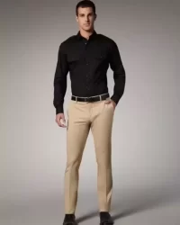 black shirt and beige trousers
