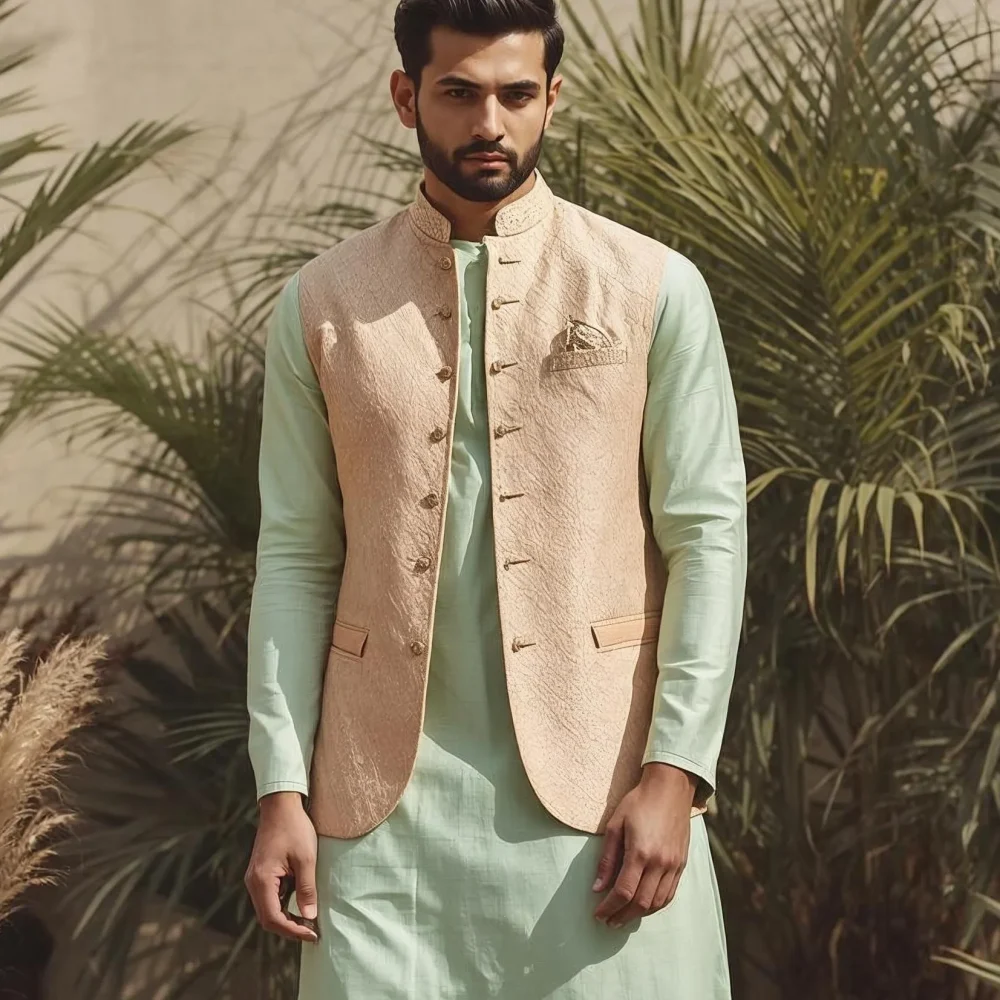 Day wedding outfit for men featuring kurta pajama with lightweight Nehru jacket in ivory pastel tones