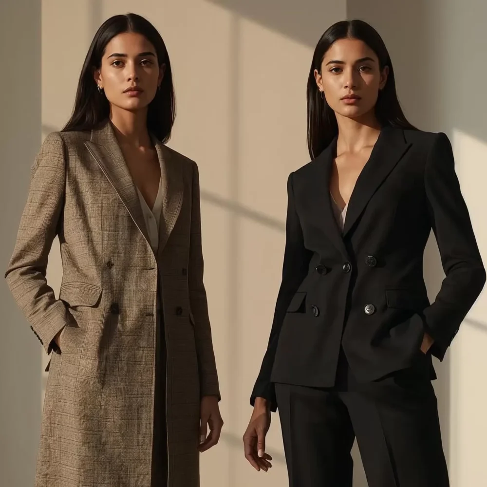 Blazers and long coats styled for women showcasing tailored formal outerwear silhouettes