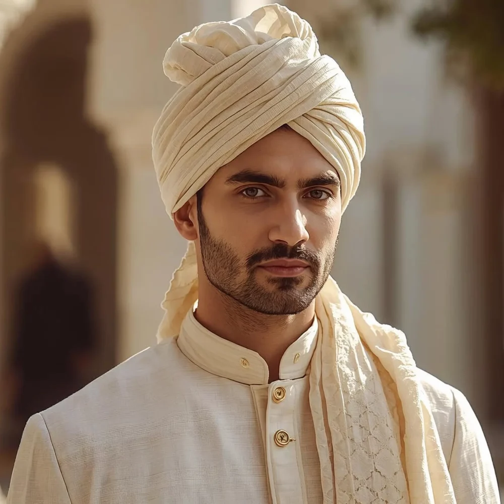 Indian man styled in men’s summer wedding accessories including cream turban, lightweight bandhagala jacket, pocket square and embroidered mojris for daytime wedding functions